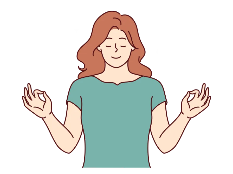 Une femme avec des cheveux bruns clair, les yeux fermés, souriante, en position de méditation ou de relaxation, avec des étoiles scintillantes derrière elle, portant un t-shirt bleu clair.