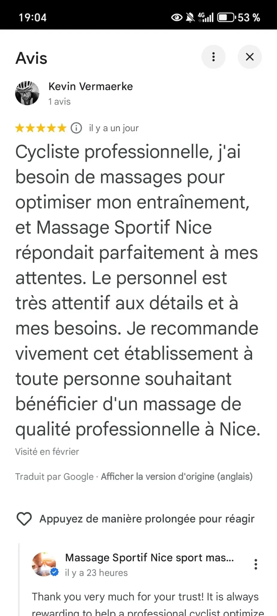 screenshot avis kevin Vermaerke sur massage sportif nice sport massage