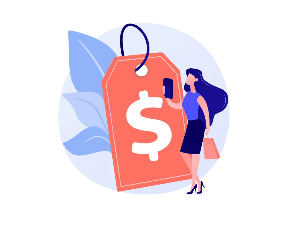 Une illustration d'une femme se tenant devant une grande étiquette de prix rouge avec un symbole dollar, tenant un téléphone portable et un sac en papier.