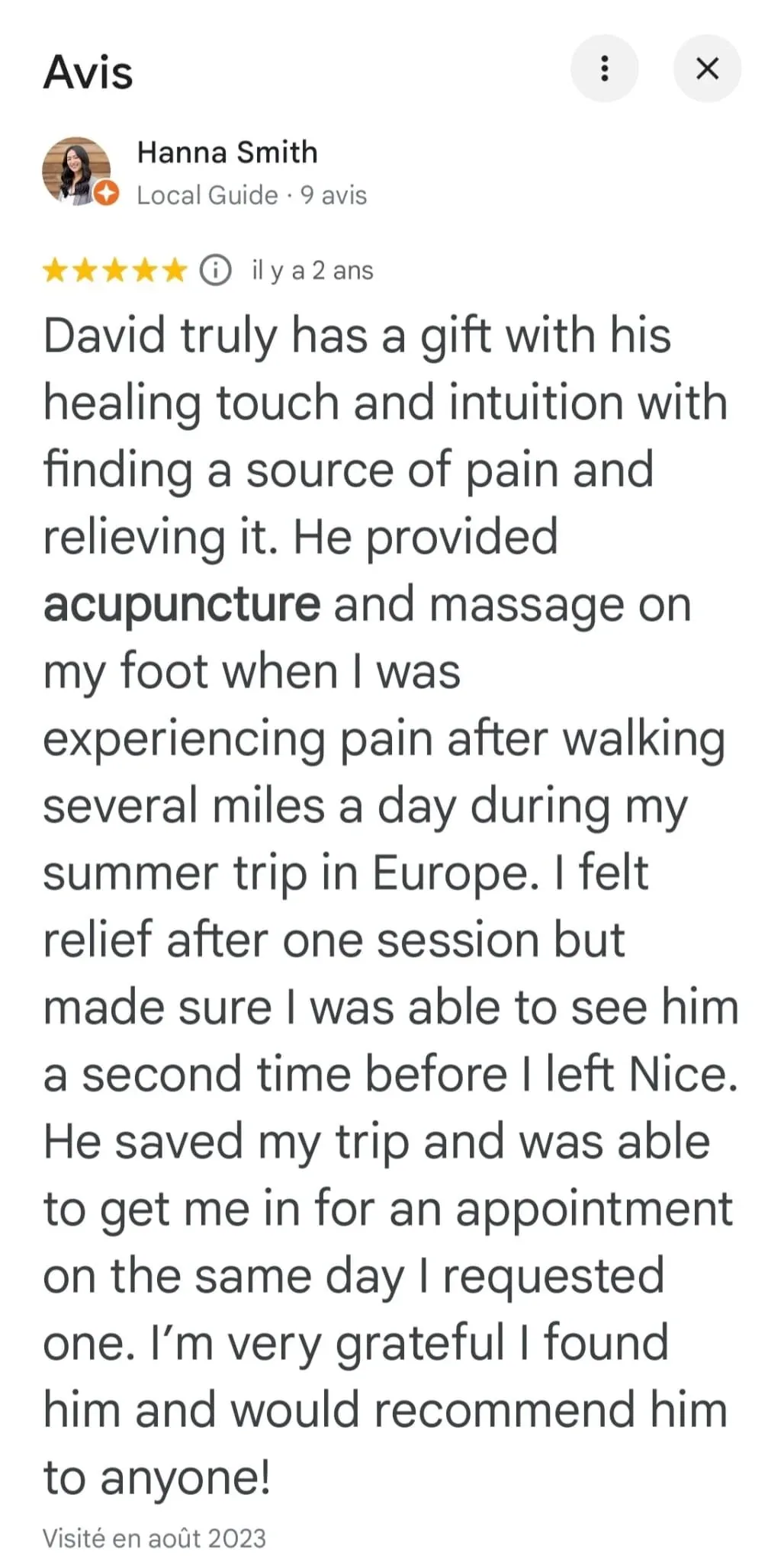 screenshot of a client who recomand my acupuncture practice in nice